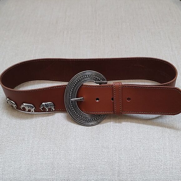 Brown Leather Wide Belt with Ornate Silver Buckle & Silver Elephant Studs Size S - Picture 8 of 10
